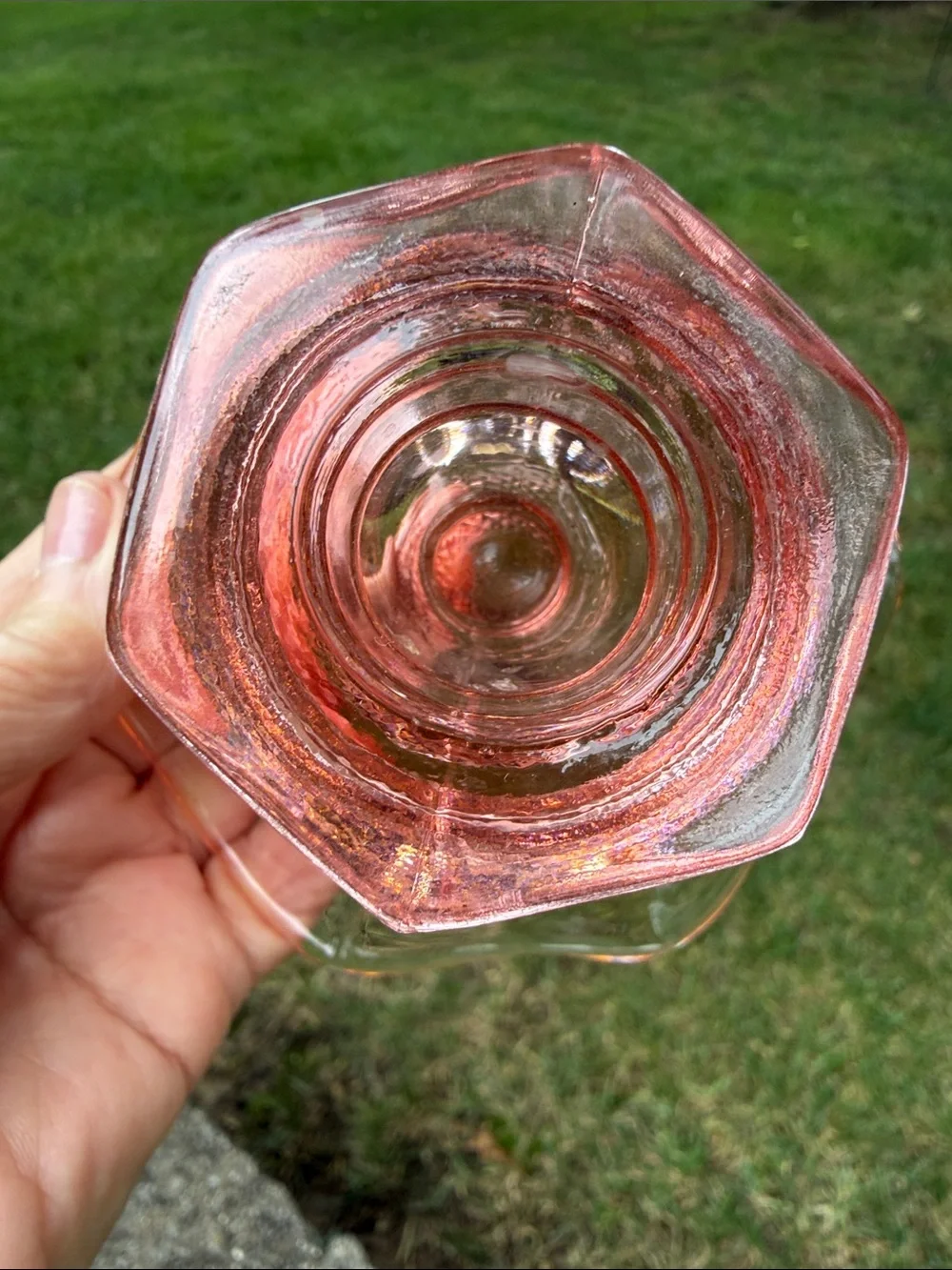 Pink Depression Glass Candle Holder with Unique Scalloped & Patterned Base EC